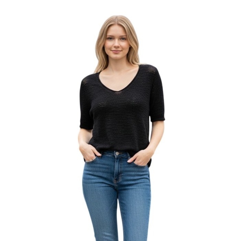 Vince Camuto Womens XS Black Open Knit V-Neck Short Sleeve Sweater Crop Top